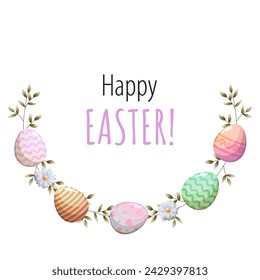 Corona de Pascua con flores y huevos. Tarjeta de felicitación vectorial con cuadro de texto
