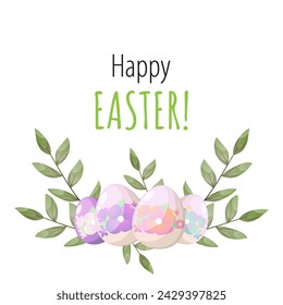 Easter wreath with flowers and eggs. Vector greeting card with textbox