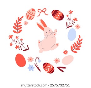 An Easter wreath of flowers, painted eggs, and a cute rabbit. Easter card, banner