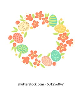 Easter wreath of flowers and painted eggs. Festive frame in vector.
