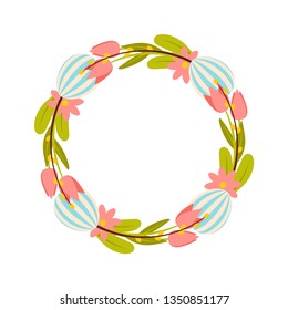 Easter wreath of flowers, willow, tullips and painted eggs. Isolated on white background.