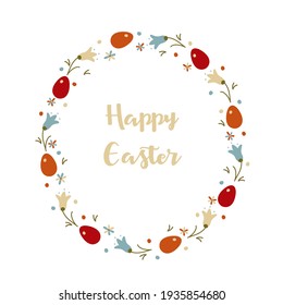 Easter wreath. Frame. Colorful eggs and flowers. Easter decor.