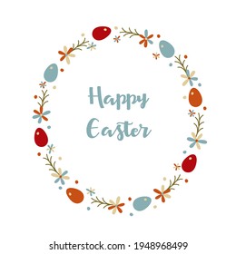 Easter wreath. Frame. Colorful eggs and flowers. Easter decor.