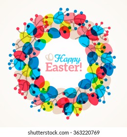 Easter wreath frame with colorful eggs and  branches with berries. Vector illustration.  Place for your text.