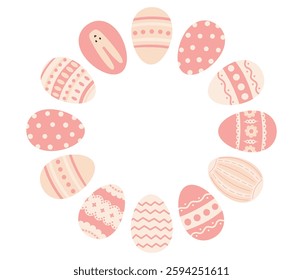 Easter wreath. Easter frame with easter eggs. Easter holiday card, banner, poster, element, border with copy space. Flat vector illustration in hand drawn style 