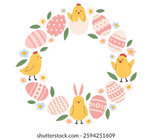 Easter wreath. Easter frame with painted eggs, chicks and  flowers. Easter holiday card, banner, poster, element, border with copy space. Flat vector illustration in hand drawn style 