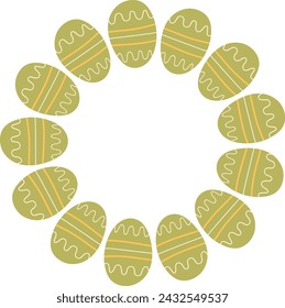 Easter wreath with green Eggs Hand drawn on white background. Decorative doodle frame from holiday food with ornaments in Circle shape. Element for greeting card.