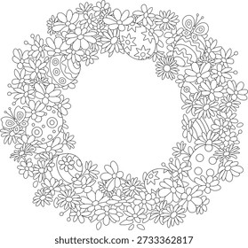 Easter wreath, greeting card, background and holiday frame border with spring flowers, decorative painted gift eggs and funny butterflies, black and white vector cartoon illustration