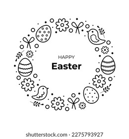 Easter wreath with greeting text. Vector illustration with Easter eggs, flowers and plant elements. Doodle style, outline icons set. Black and white line drawing of Easter composition.