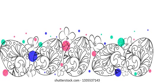 Easter wreath with hand drawn eggs and floral elements isolated on white background. Decorative frame from easter eggs with ornaments and watercolor spots in circle shape