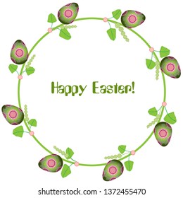Easter wreath with hand drawn eggs and floral elements isolated on white background. Green. Decorative frame from easter eggs with floral ornaments and watercolor spots in circle shape