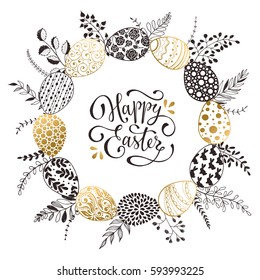 Easter wreath with hand drawn eggs and floral elements isolated on white background. Decorative frame from easter eggs with ornaments  in circle shape.