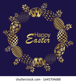 Corona de Pascua con huevos de pascua de oro dibujados a mano sobre fondo azul. Marco decorativo a partir de huevos de Pascua y elementos florales. Imagen de material aislado del vector.