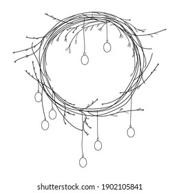 Easter wreath is hand-drawn in a doodle style.