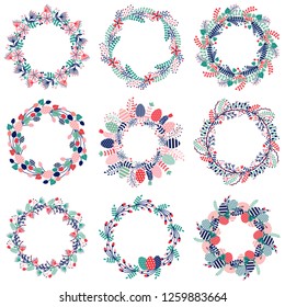 Easter wreath icons set. Spring holiday wreaths decorated with colored eggs, festive flowers and natural botanical elements.