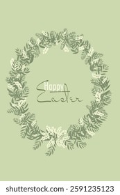 Easter wreath illustration made of olive tree leaves and flowers and Happy Easter text.