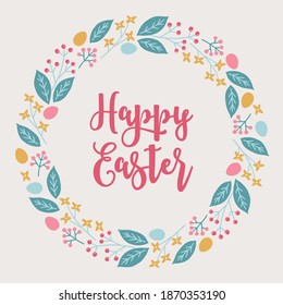 Corona de Pascua con hojas, bayas, huevos, flores sobre fondo blanco. Estilo escandinavo. Perfecto para las vacaciones de primavera. Marco dibujado a mano, tarjeta de saludo. Ilustración del vector