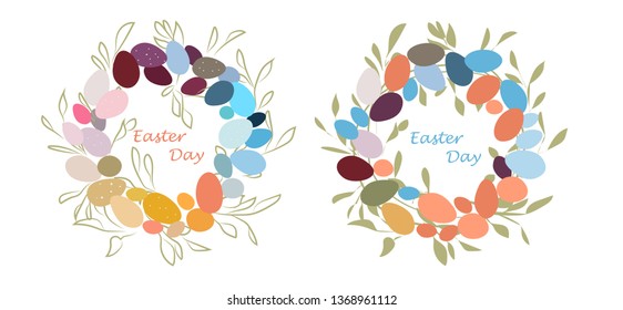 Easter wreath with leaves and eggs. Isolated holiday's frame