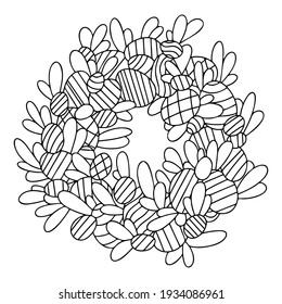 Easter wreath with leaves and eggs monochrome stock vector illustration. Happy Easter antistress coloring page for adults. Traditional spring season holiday simple line art illustration. One of series