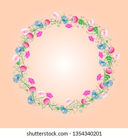 Easter wreath made of blue knapweed and pink flowers tulips and dandelions for frames and cards