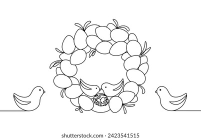 Easter wreath made of eggs and plant branches. At the bottom of the wreath, a pair of birds builds a nest. Symbol of new life and rebirth. Vector. Images produced without the use of any form of AI. 