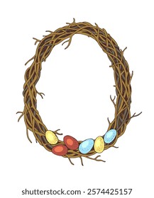 Easter wreath made of willow twigs and eggs