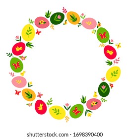 Easter wreath of multi-colored eggs with drawings, flowers, twigs, plants, butterflies and chickens. Vector illustration. Isolated objects on a white background. 