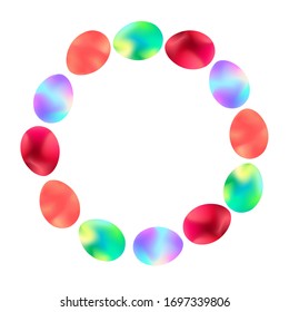 Corona de Pascua de huevos multicolores. Ilustración vectorial festiva.Tarjeta de felicitación. Objetos aislados en un fondo blanco. Copiar espacio.