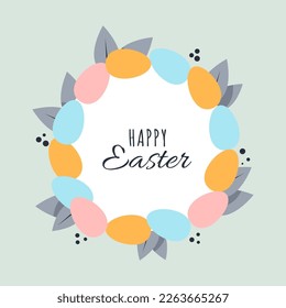 Osterkranz mit mehrfarbigen Eiern und Blättern und die Inschrift Frohe Ostern