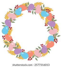 Easter wreath on a white background. Easter eggs, flowers. Elements of the Easter Holiday