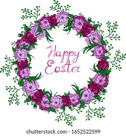 Easter wreath of pink and purple peonies, festive wreath for religious holiday, multicolored flowers in the wreath, easter flowers, vector illustration Easter wreath