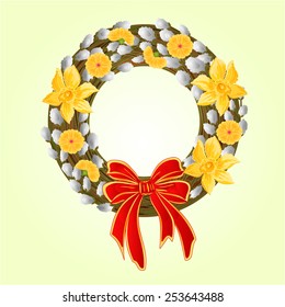 Easter wreath with pussy willow and Daffodil , spring background vector illustration - Shutterstock ID 253643488