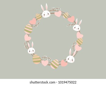 Easter wreath with rabbit, eggs and pussy willow. Vector illustration. 
