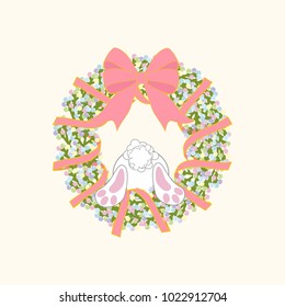 Easter wreath and rabbit illustration. Vector illustration