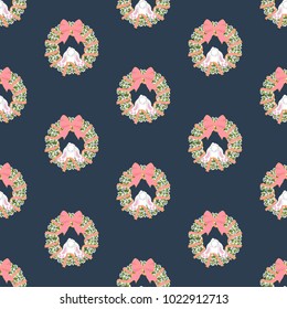 Easter wreath and rabbit seamless pattern. Vector illustration