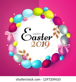 Easter Wreath with Realistic Colorfull Eggs, Gold Branches and Bows. Vector illustration