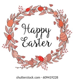 Easter wreath with red and orange eggs. Vector illustration on white background. Happy Easter