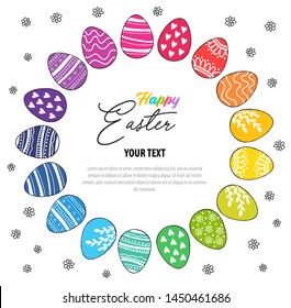 Easter wreath round with colored Easter eggs on white background. Decorative frame. Unique design for your greeting cards leaflet, banner in thin linear design. Vector in modern style.