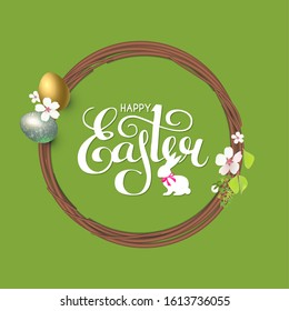 Easter wreath with spring branches, flowers, leaves, eggs and lettering.