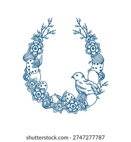 Easter wreath of spring daffodils, twigs, painted eggs and a chick. Hand drawn vector illustration in line art style. Monochrome clip art for greeting cards and holiday banners.