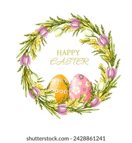 Easter wreath of spring flowers and eggs. Hand drawing. Vector.