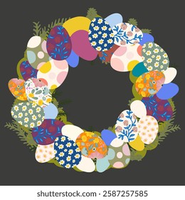 Easter wreath for Spring holiday. Spring flowers and colorful easter eggs. Print for family holiday decor, greeting card, banner, invitation, social media posts