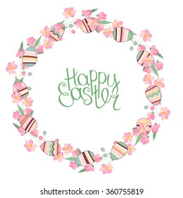 Corona de Pascua con ramas estilizadas florecientes y huevos aislados en blanco. Marco redondo para tu diseño, tarjetas de felicitación, anuncios de bodas, afiches.