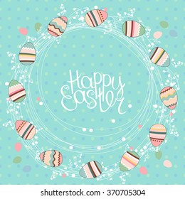 Easter wreath with stylized painted eggs. Round frame for your design, greeting cards, announcements, posters.