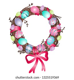 Easter wreath of twigs and eggs with ribbon. Vector illustration.