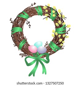 Easter wreath of twigs with eggs and ribbons with a bow and willow.