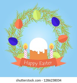 Easter wreath of twigs and painted eggs. Festive frame in the vector.