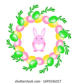 Easter wreath vector, easter card, isolated vector illustration, Easter decoration with eggs. Holiday illustration, clipart for printing on children's clothing, mugs, fabrics. Cartoon bunny vector.