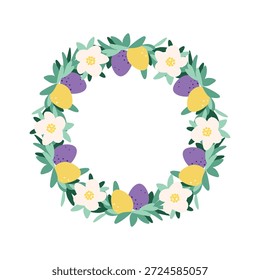 Corona de Pascua. Ilustración vectorial con huevos decorados, hojas y flores de primavera Diseño para tarjeta de felicitación, invitación y decoración festiva.