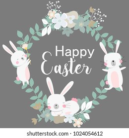 Easter Wreath vector illustration with flowers bunnies and eggs